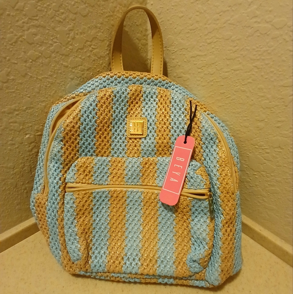 Blue and Tan Women's Straw Backpack.